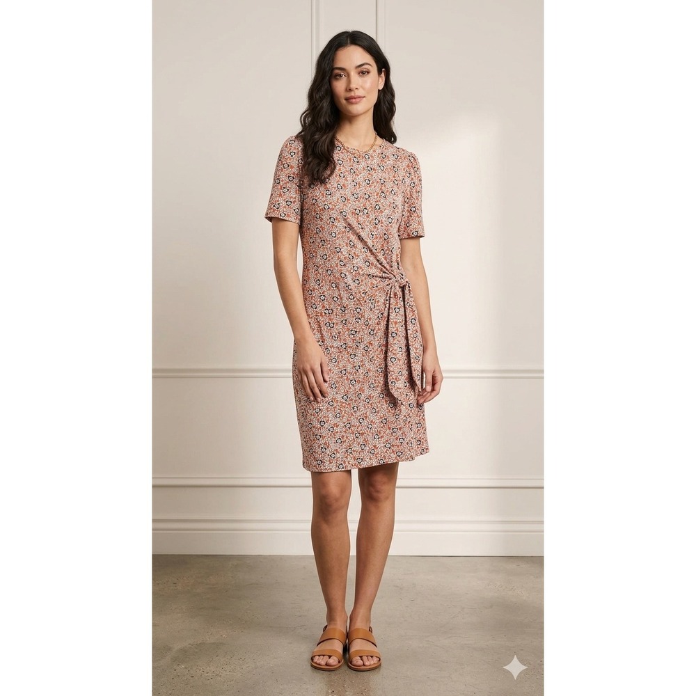 Boden Orange Floral Side Tie Jersey Dress US 12R Short Sleeve Knee Length